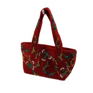 Christiana Red Beaded Handbag Purse Red Floral Snap Close